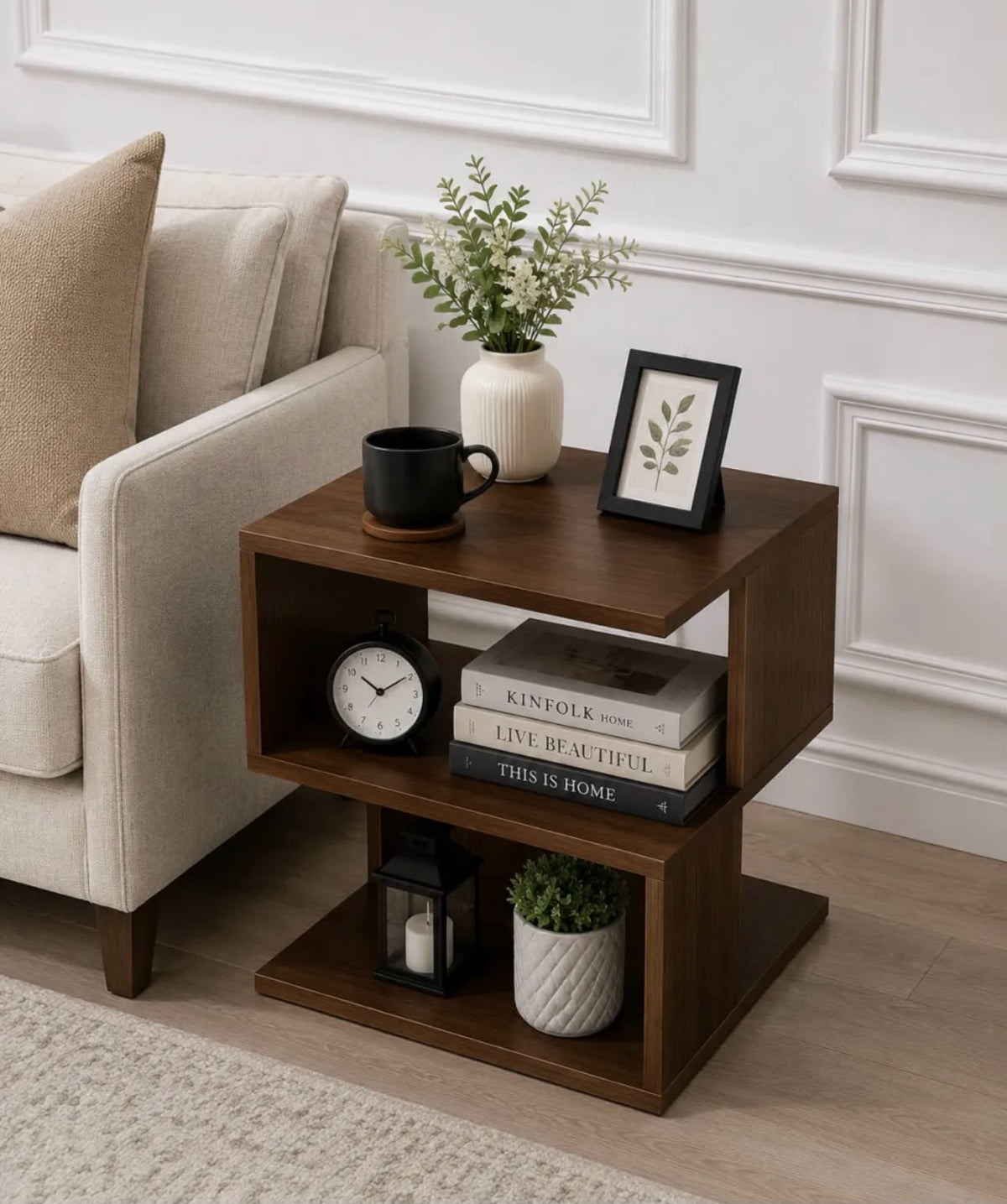 Modern S-Shape Wooden Side Table – 3-Tier End Table