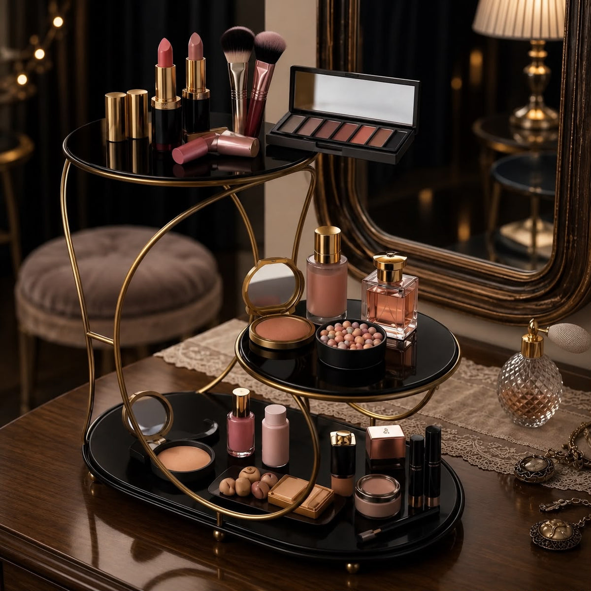 3-Tier Golden Cosmetic Organizer