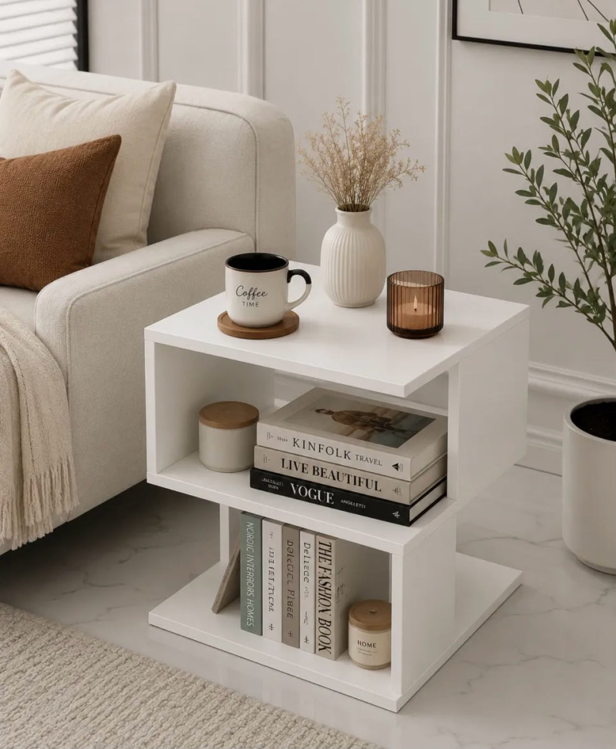 Modern S-Shape Wooden Side Table – 3-Tier End Table