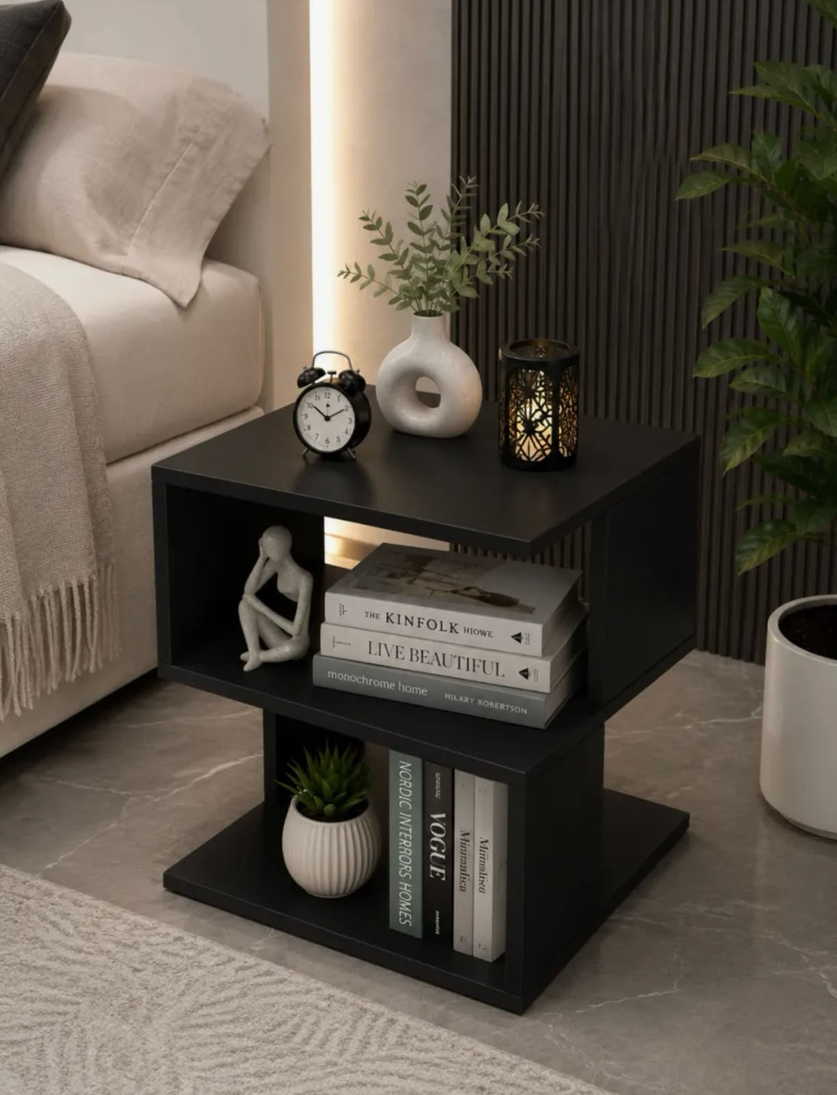 Modern S-Shape Wooden Side Table – 3-Tier End Table