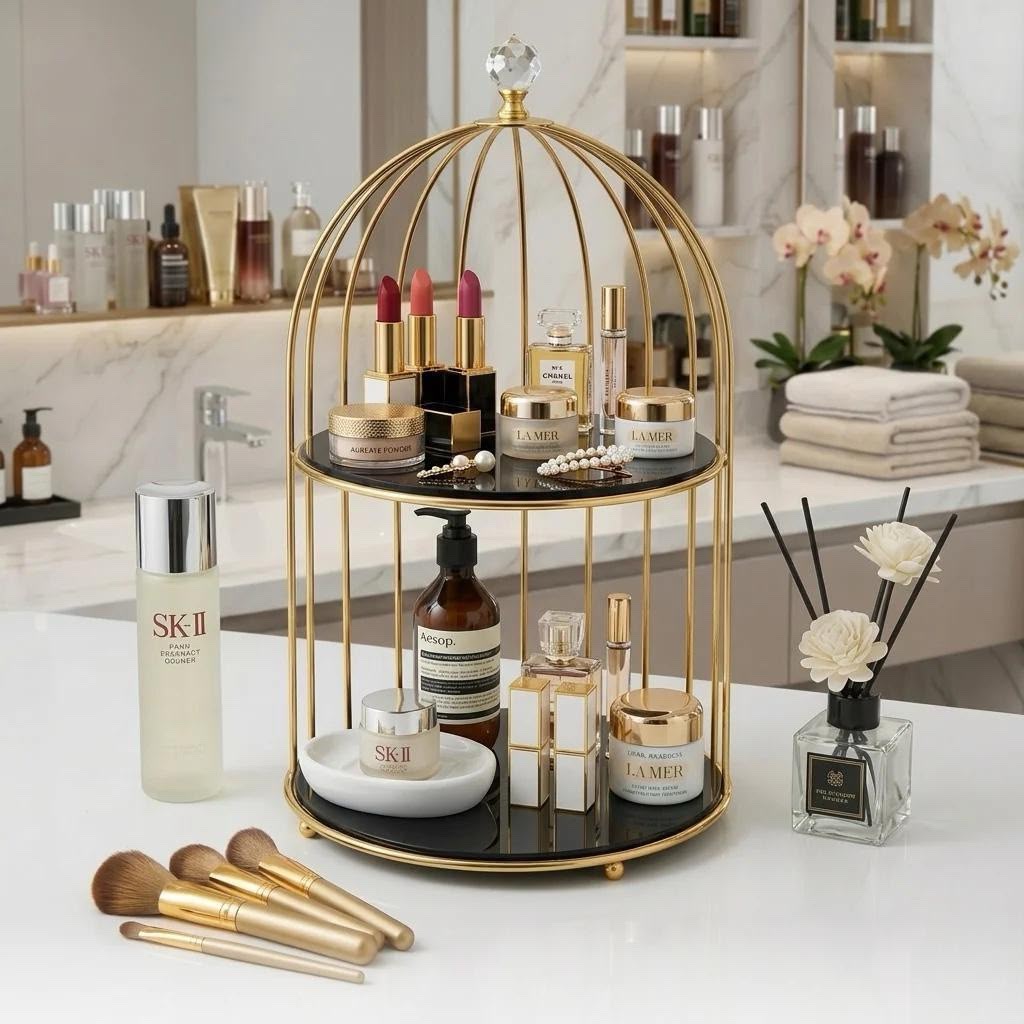 2tier Luxury Golden Birdcage Cosmetic Organizer