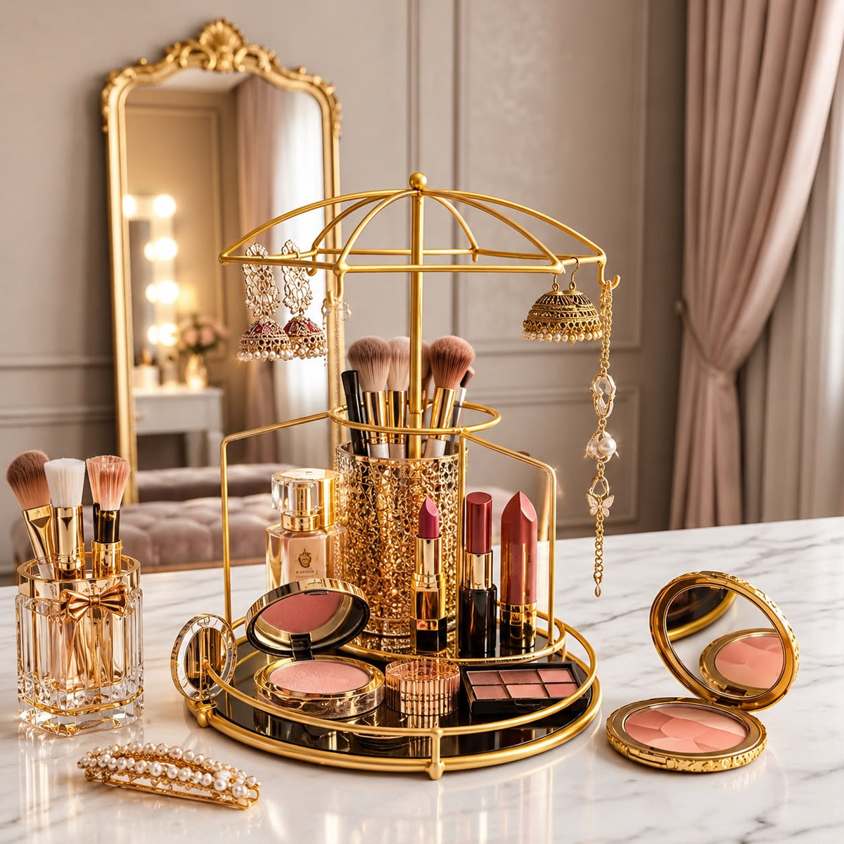 Luxurious 2-in-1 Cosmetic Organizer Umbrella Design