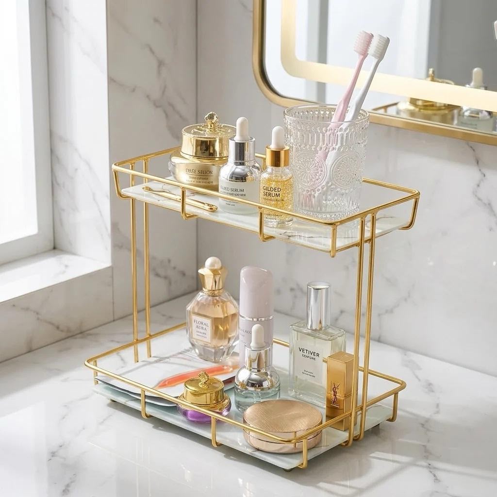Luxury 2-Tier Gold Mecup Organizer Rack