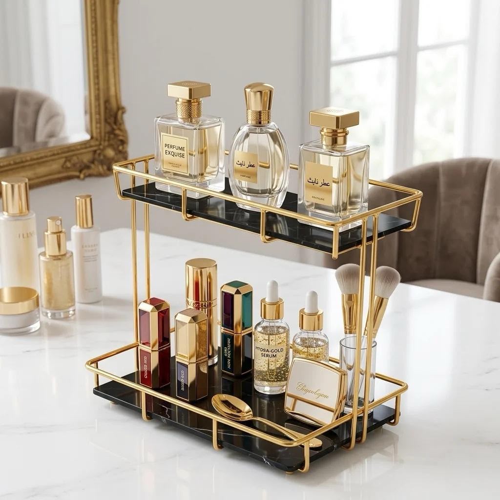 Luxury 2-Tier Gold Mecup Organizer Rack