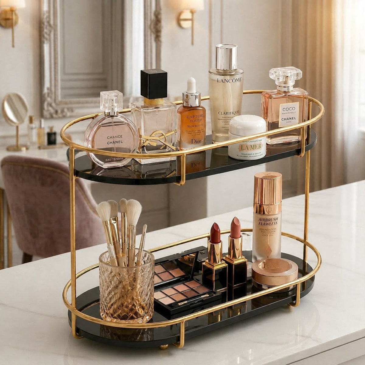 Luxury 2-Tier Golden Makeup Organizer