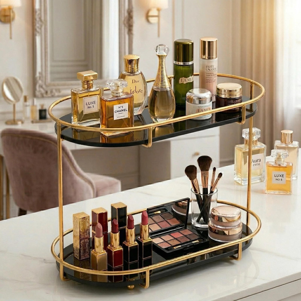 Luxury 2-Tier Golden Makeup Organizer