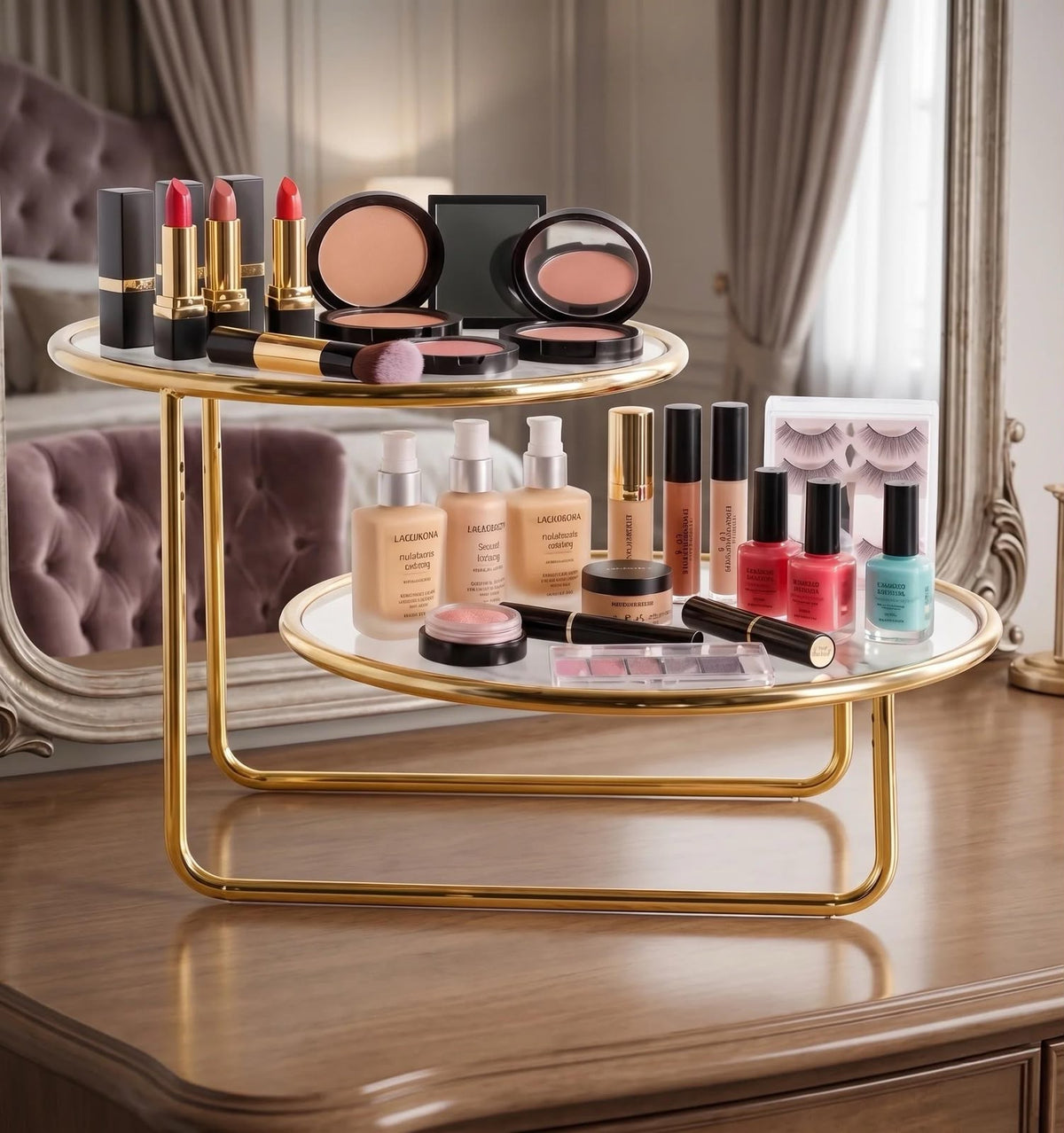 Luxury 2-Tier Offset Golden Cosmetic Organizer