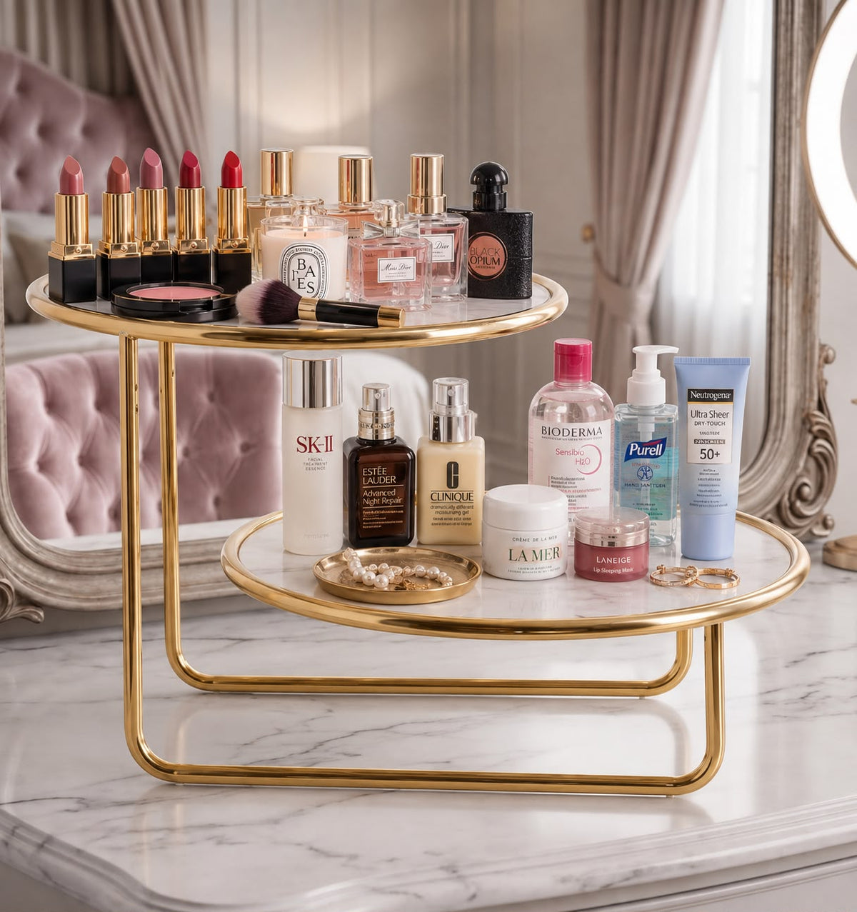 Luxury 2-Tier Offset Golden Cosmetic Organizer