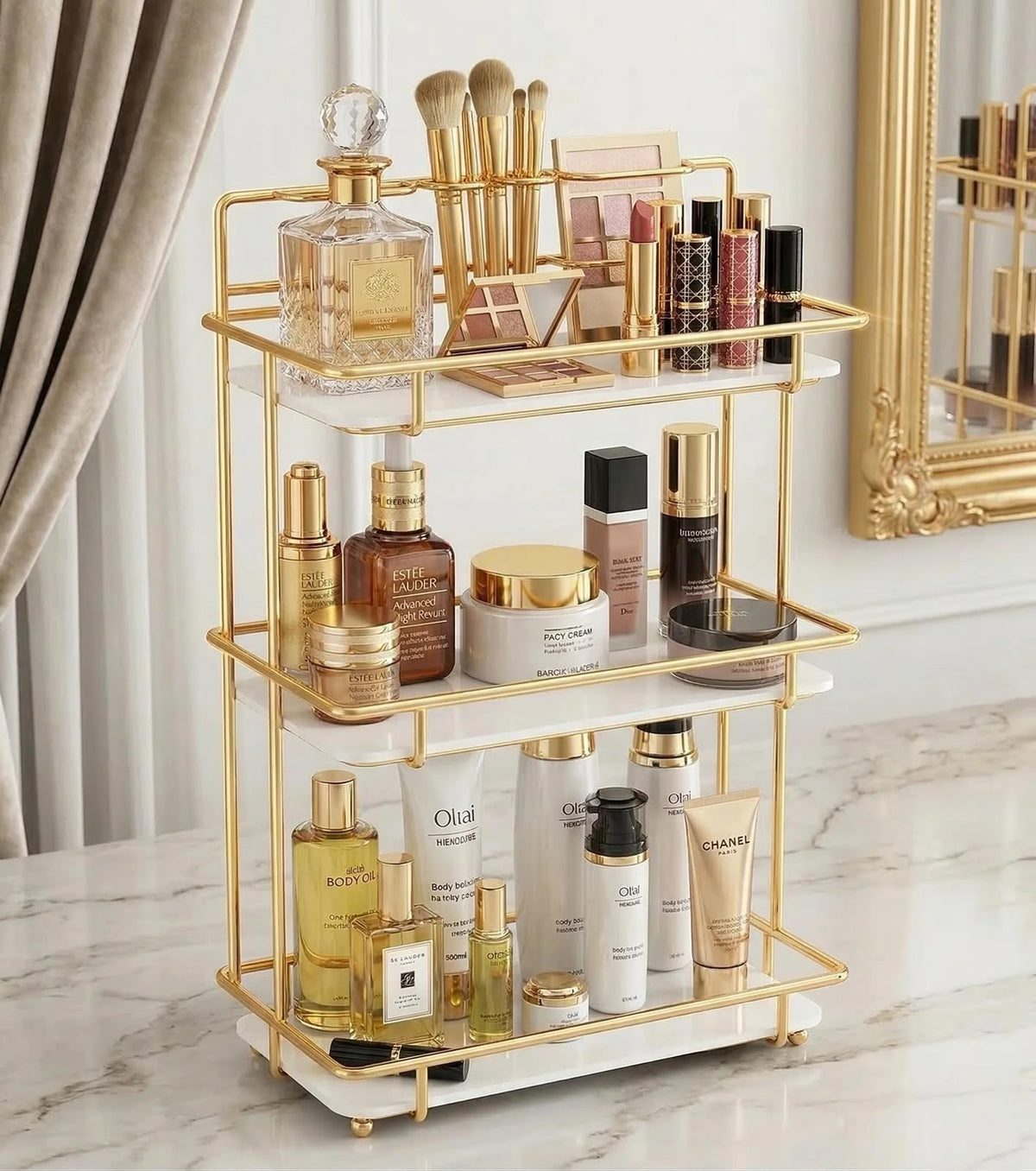 Luxury 3-Tier Shiny Gold Cosmetic Organizer