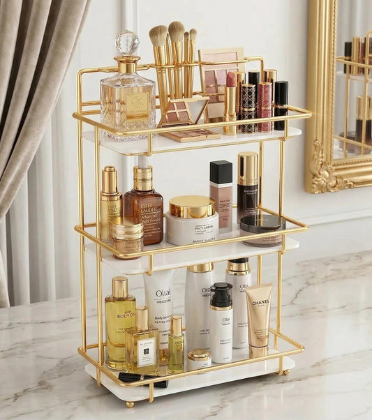 Luxury 3-Tier Shiny Gold Cosmetic Organizer