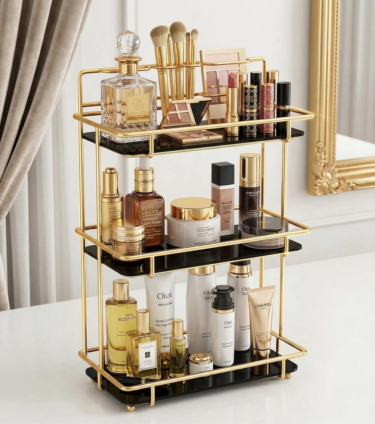 Luxury 3-Tier Shiny Gold Cosmetic Organizer