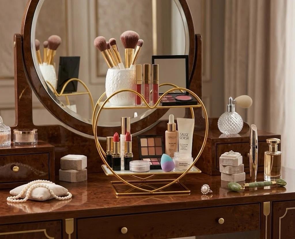 Luxury Heart-Shaped 2-Tier Golden Cosmetic Organizer