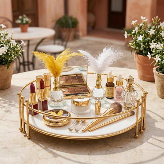 Luxury Round Gold Vanity Tray – Elegant Makeup & Perfume Organizer