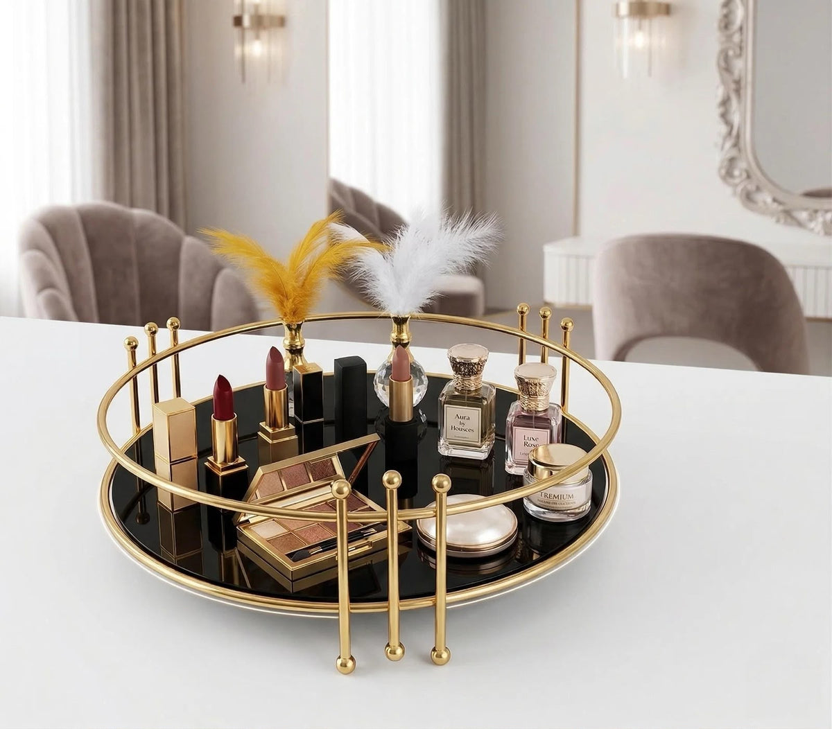Luxury Round Gold Vanity Tray – Elegant Makeup & Perfume Organizer
