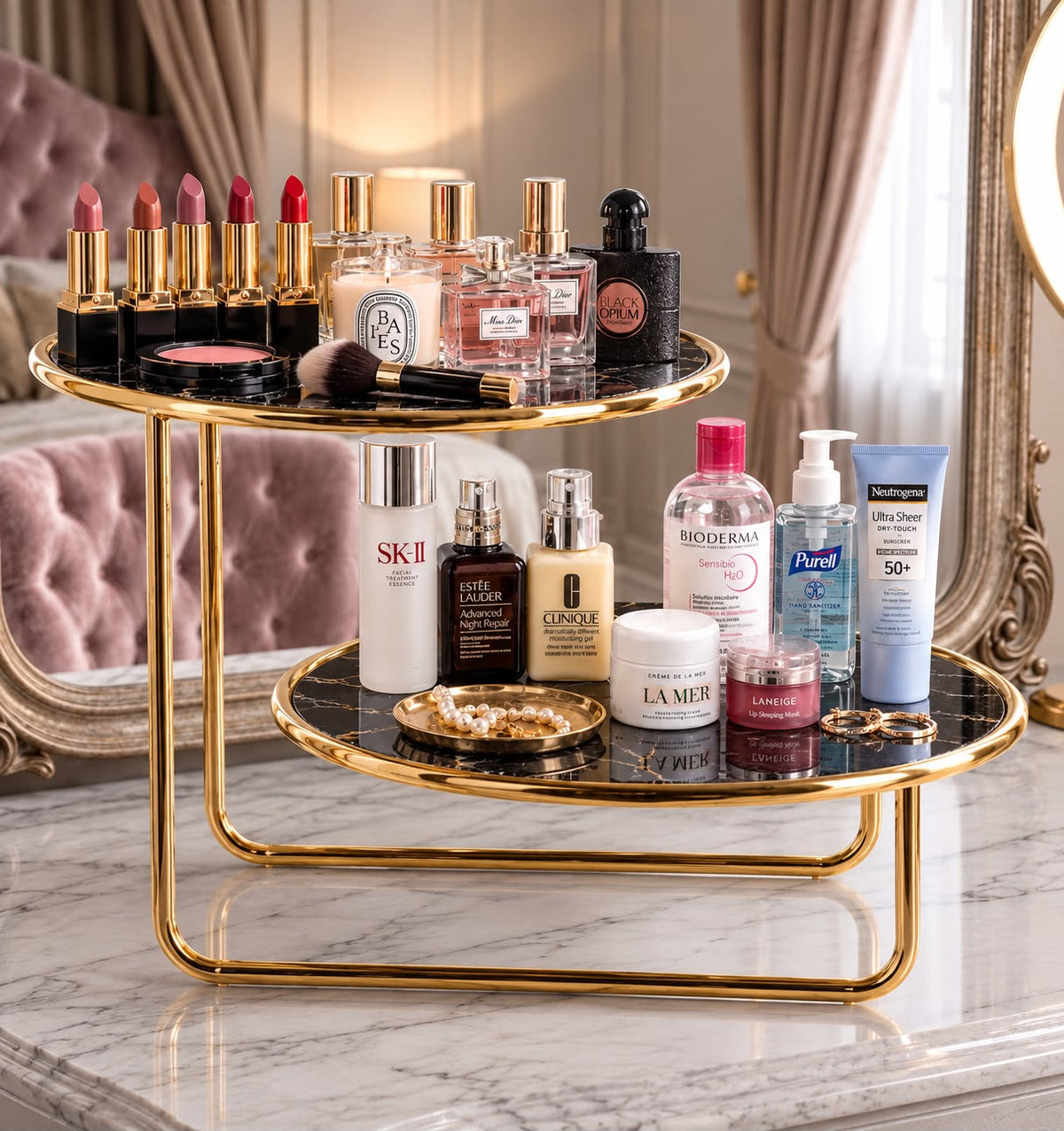 Luxury 2-Tier Offset Golden Cosmetic Organizer