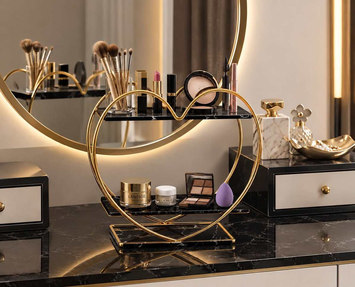 Luxury Heart-Shaped 2-Tier Golden Cosmetic Organizer